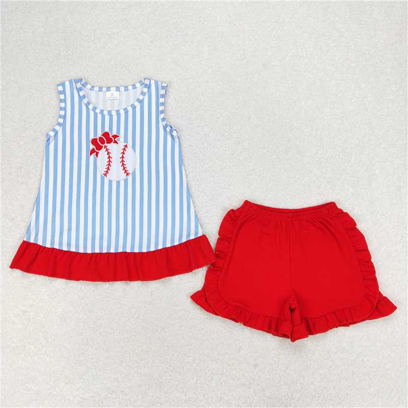 RTS NO MOQ baby girl clothes embroidery baseball short-sleeved shorts sets and romper