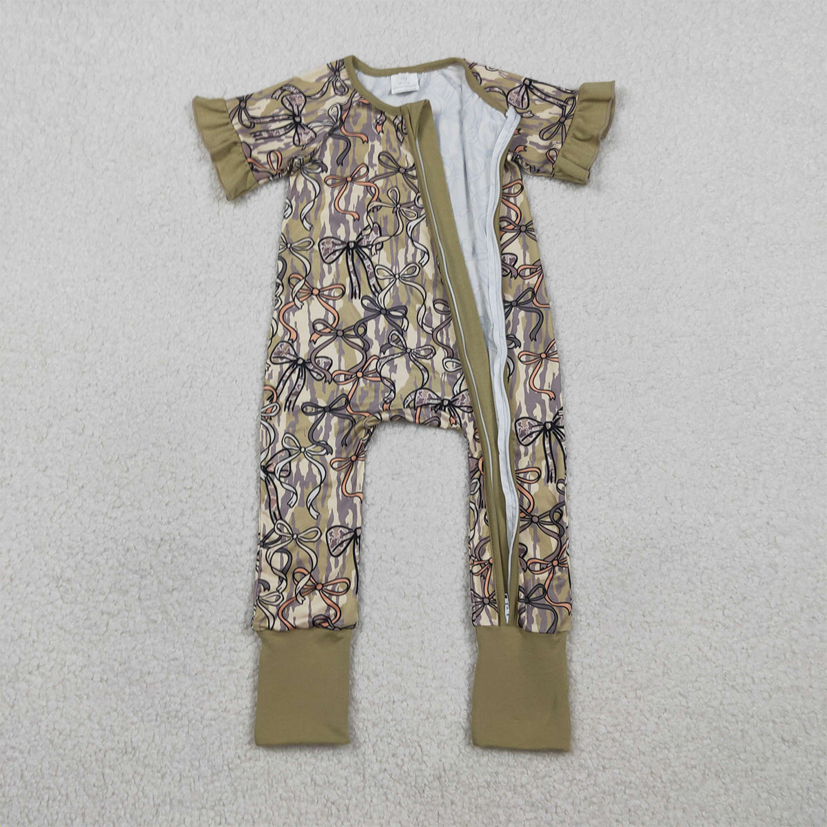 RTS NO MOQ SR3931 Baby Girls Southern Olive Camouflage Rompers with Bows Two-Way Zip