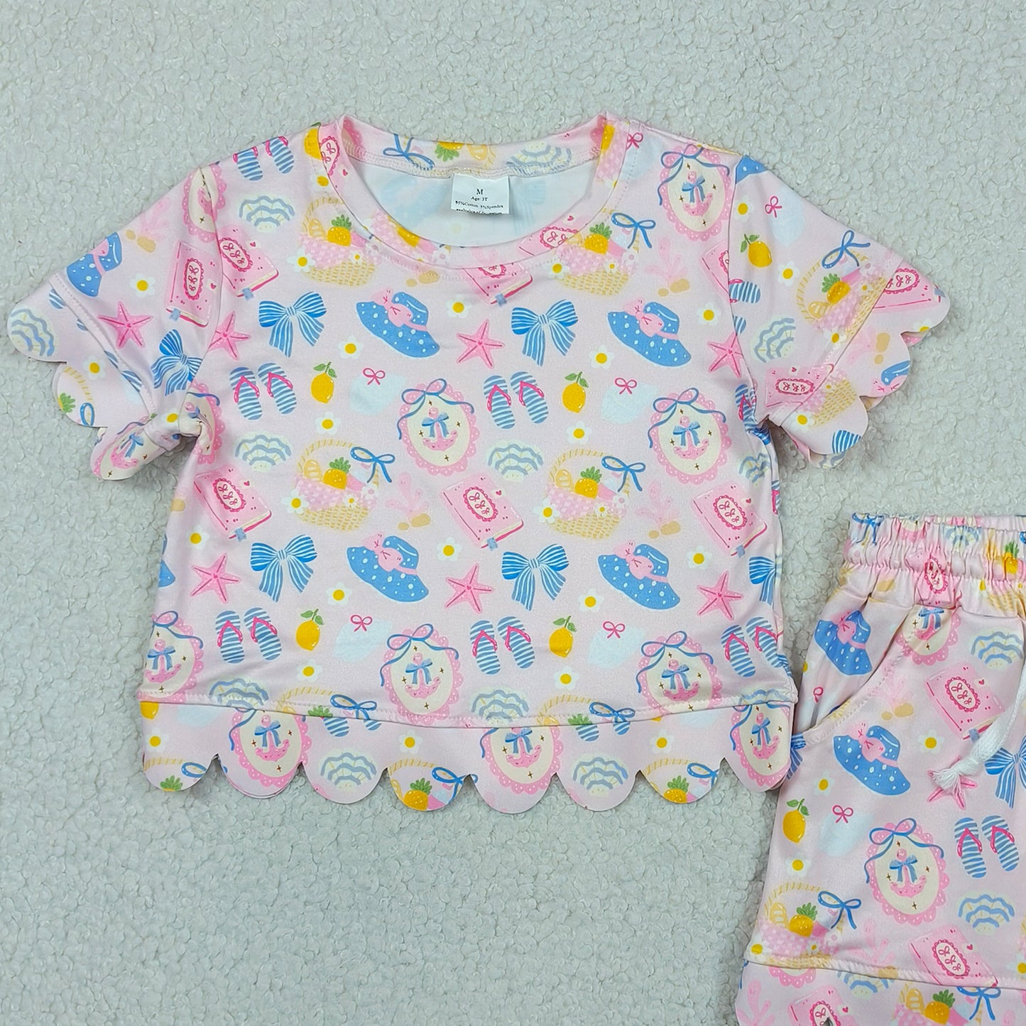 RTS NO MOQ GSSO3657 Baby Girls Pocket Top Beach Flower Scallop Shorts Casual Clothes Set