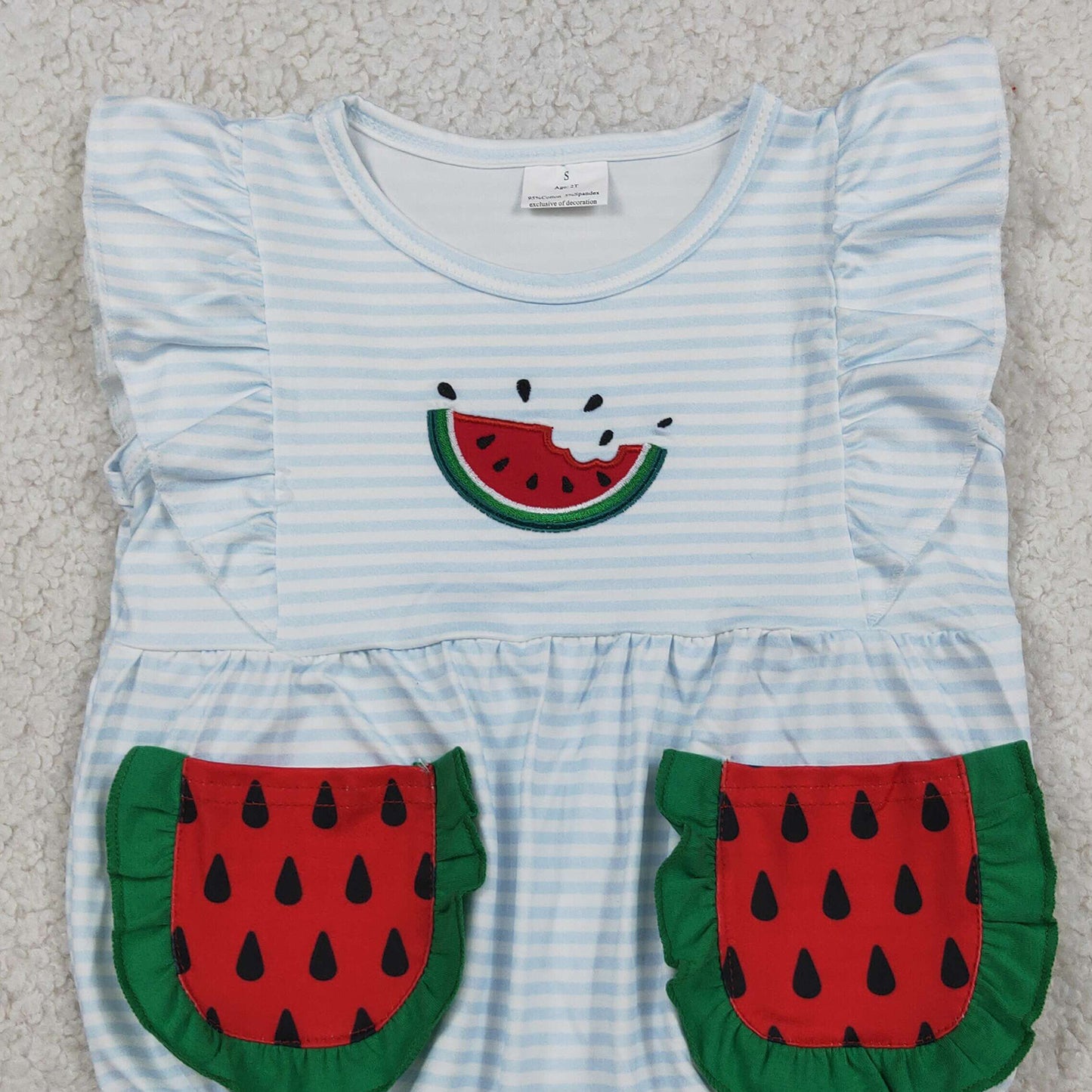 RTS NO MOQ milk silk SR4153 Baby Girls Cute Watermelon Embroidery Blue Stripe Ruffle Romper With Pockets And Flutter Sleeve