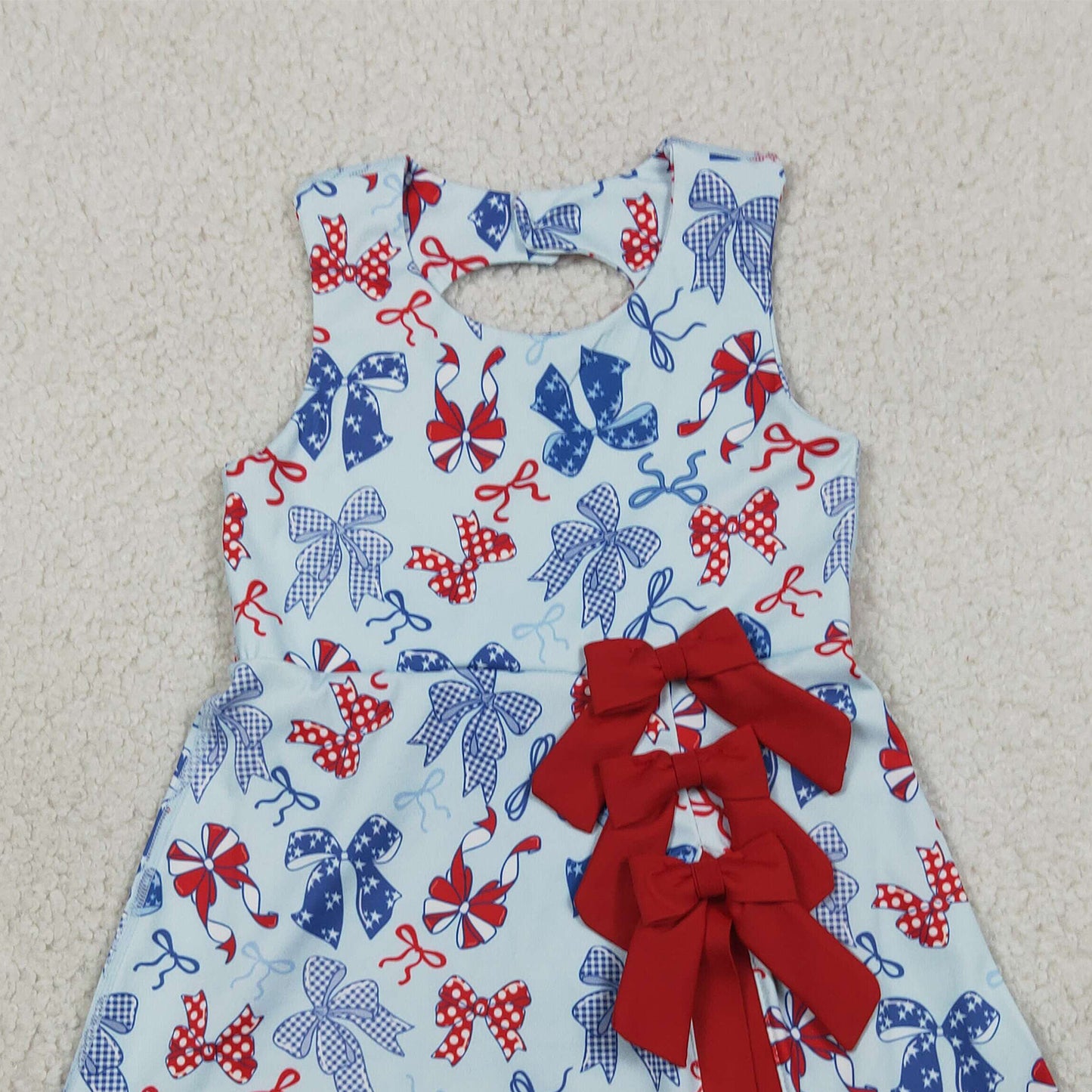 RTS NO MOQ yoga fabric GSD3875 4th Of July Bow Yoga Scallop Knee Length Dresses For Baby Girls