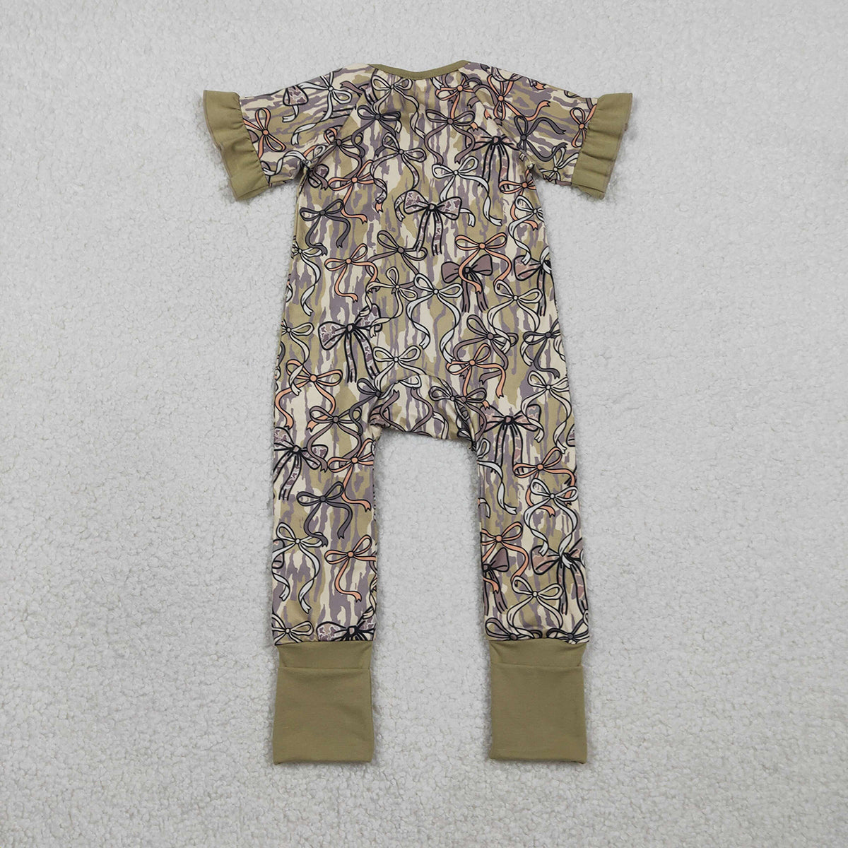 RTS NO MOQ SR3931 Baby Girls Southern Olive Camouflage Rompers with Bows Two-Way Zip