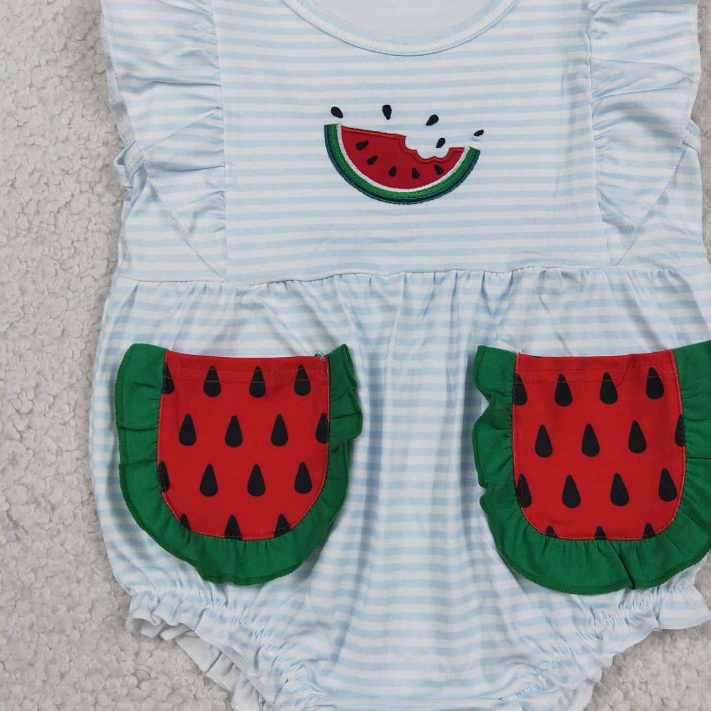 RTS NO MOQ milk silk SR4153 Baby Girls Cute Watermelon Embroidery Blue Stripe Ruffle Romper With Pockets And Flutter Sleeve