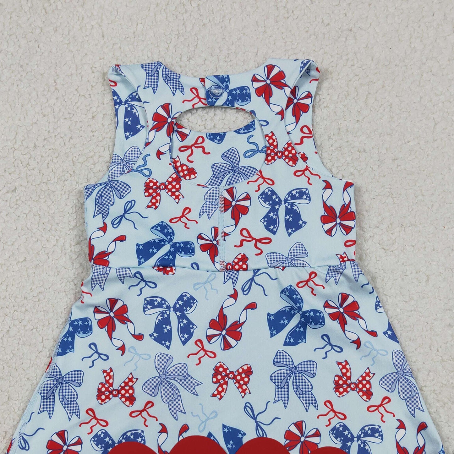 RTS NO MOQ yoga fabric GSD3875 4th Of July Bow Yoga Scallop Knee Length Dresses For Baby Girls