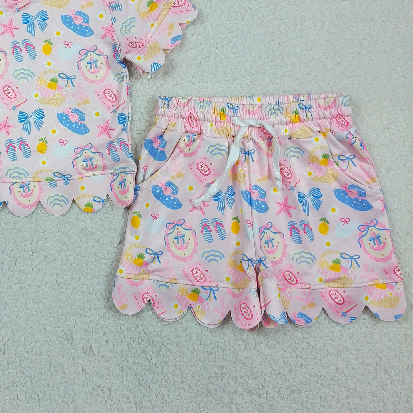RTS NO MOQ GSSO3657 Baby Girls Pocket Top Beach Flower Scallop Shorts Casual Clothes Set