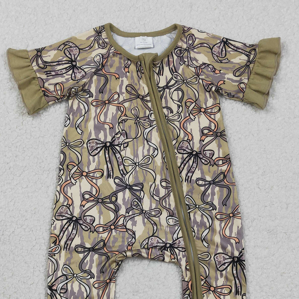 RTS NO MOQ SR3931 Baby Girls Southern Olive Camouflage Rompers with Bows Two-Way Zip
