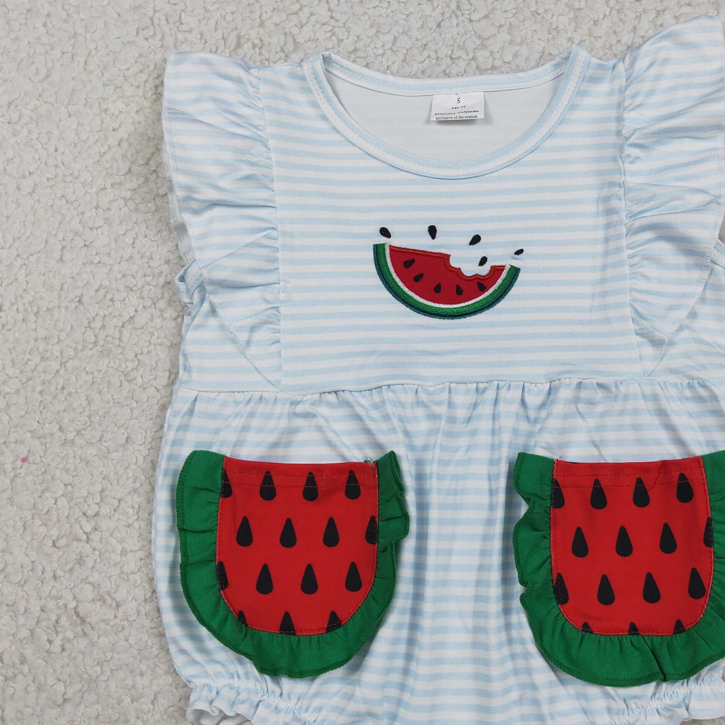 RTS NO MOQ milk silk SR4153 Baby Girls Cute Watermelon Embroidery Blue Stripe Ruffle Romper With Pockets And Flutter Sleeve