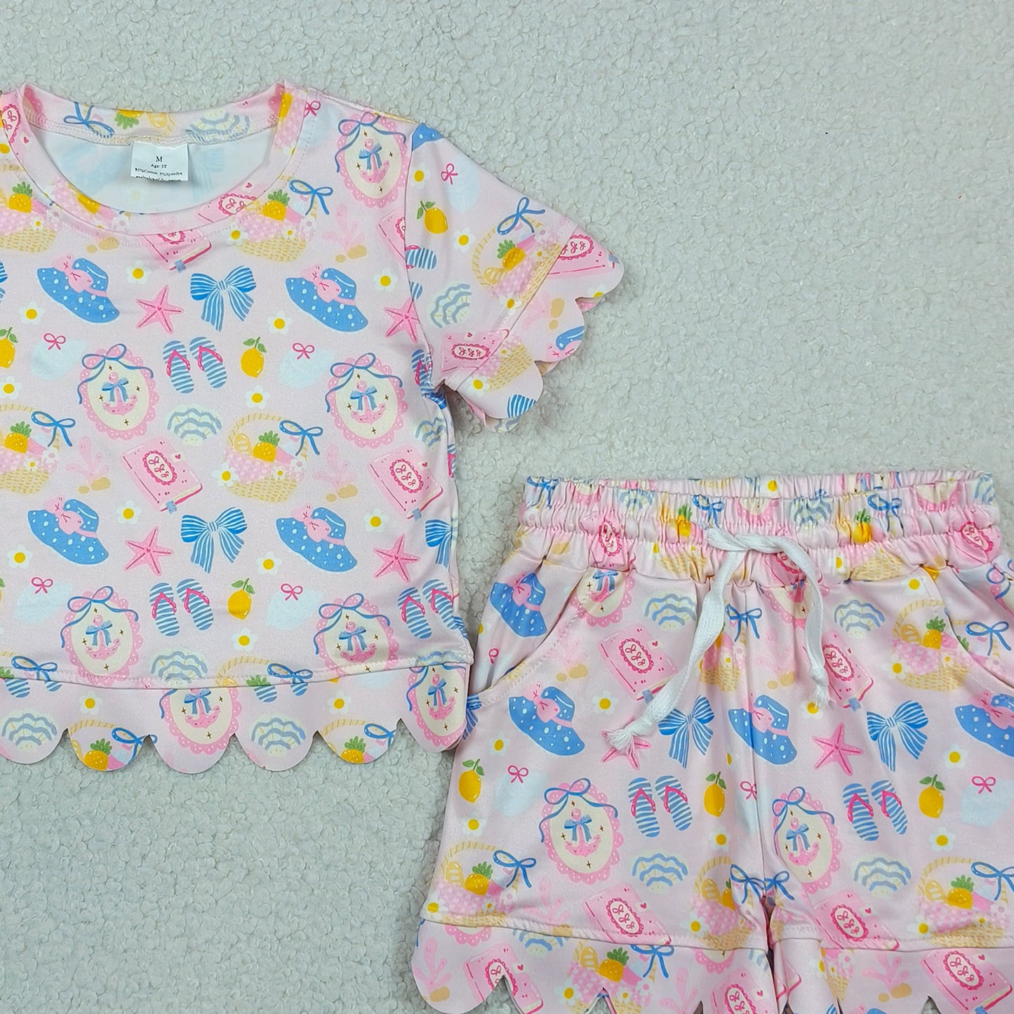 RTS NO MOQ GSSO3657 Baby Girls Pocket Top Beach Flower Scallop Shorts Casual Clothes Set