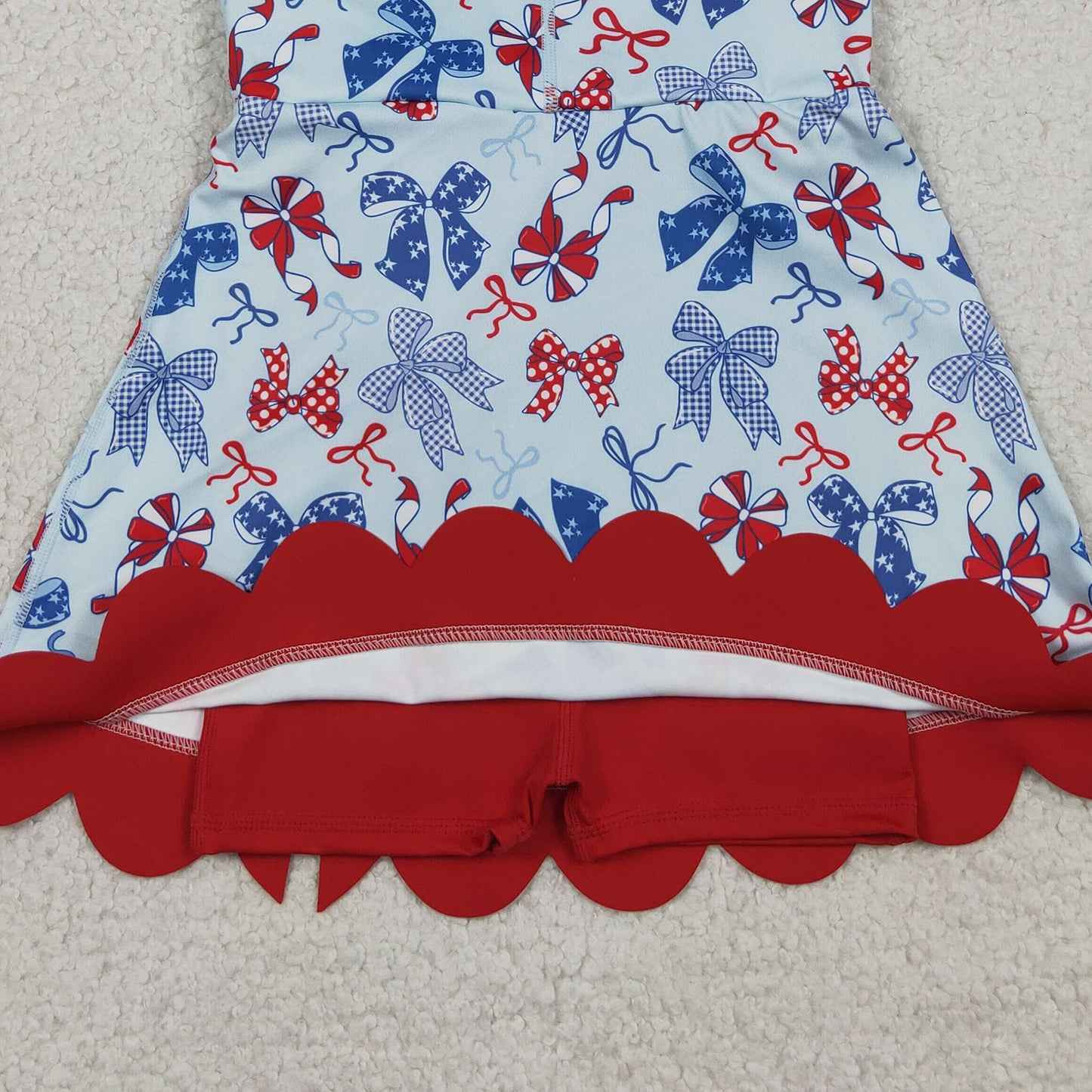 RTS NO MOQ yoga fabric GSD3875 4th Of July Bow Yoga Scallop Knee Length Dresses For Baby Girls
