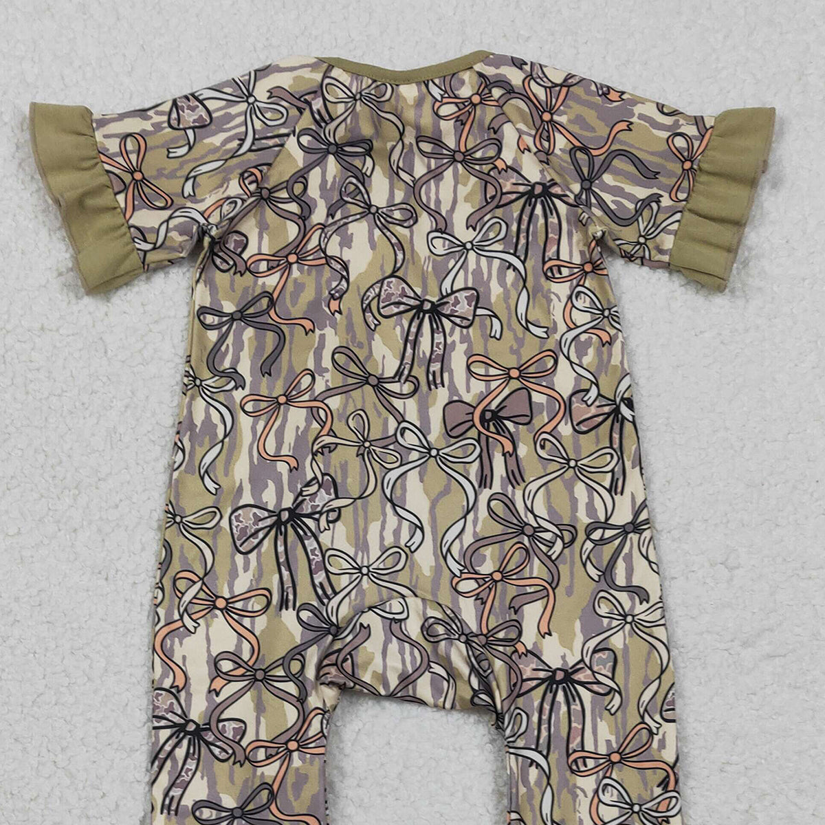 RTS NO MOQ SR3931 Baby Girls Southern Olive Camouflage Rompers with Bows Two-Way Zip