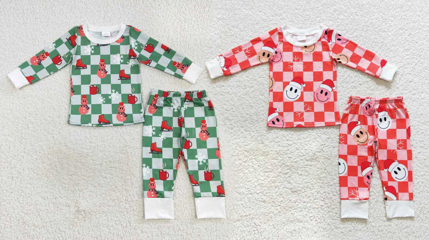 Baby Girls boys Christmas style snowman hot cocoa Christmas style snowman hot cocoa Christmas smiley face printed green and white plaid red and pink plaid Family siblings set