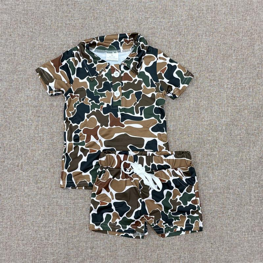 RTS NO MOQ BT1213+SS0359 Camouflage beige short-sleeved top shorts sets