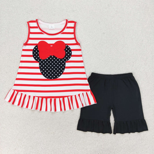 Cute Clothes GSSO1022 Baby Girls Red Stripes Tunic Black Ruffle Shorts Clothes Sets