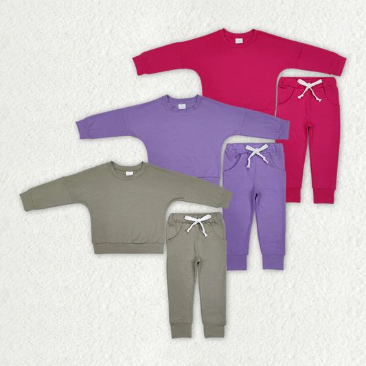 RTS NO MOQ Baby Girls Boys Solid color cotton long sleeve Pants Clothes Sets