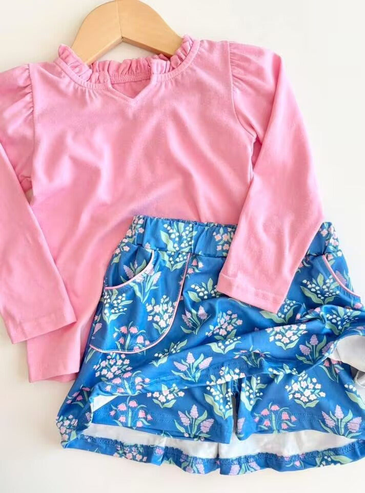 RTS NO MOQ（In Stock) GLD1256 Pure pink long-sleeved floral blue skirt set