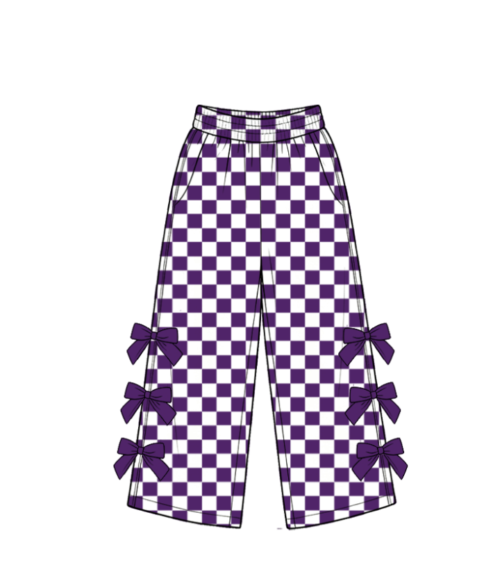 custom moq 5 mix size TYGI0102 Adult To Match Kids Purple White Checkerboard Wide Leg Pants With Side Bow