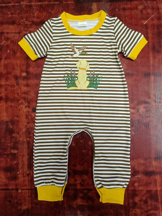 Custom moq 3 eta 6-7weeks Embroidered Puppy-Duck-Rice Pattern Brown and White Striped Short Sleeve Long Climbing Dress