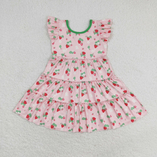 RTS no moq GSD1087 Flower strawberry pink flying sleeve dress