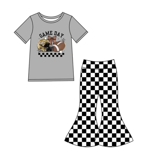 Custom summer teams baby girl clothes team GAME DAY gray plaid short sleeve pants sets-25.8.22