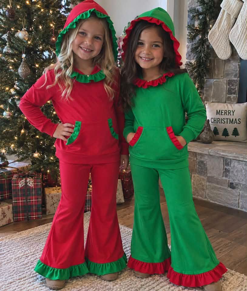 custom moq 5 mix size SETR05 CHRISTMAS RUFFLE SETS Baby Boys Solid Long Sleeve Hooded Top  Pant Clothes Set Casual Outfit
