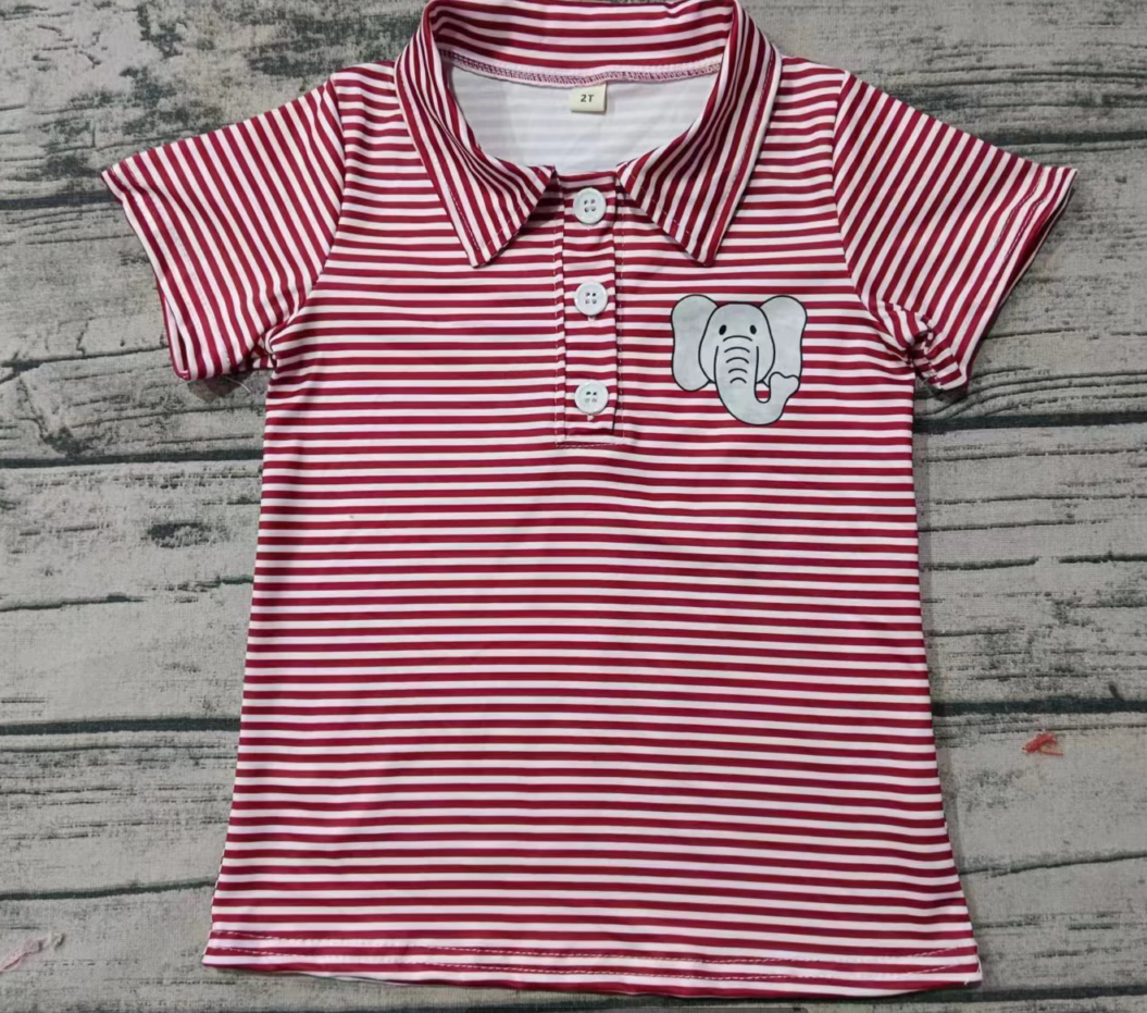 Deadline October 12 custom no moq eta 6-8weeks Red striped elephant print button-down short-sleeved top