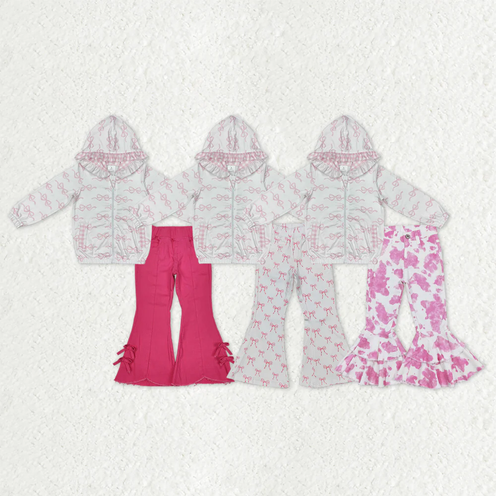 RTS NO MOQ Sibling baby girl clothes Pink and white plaid zip-up hooded long-sleeved top with bow pattern double lace ripped denim trousers sets