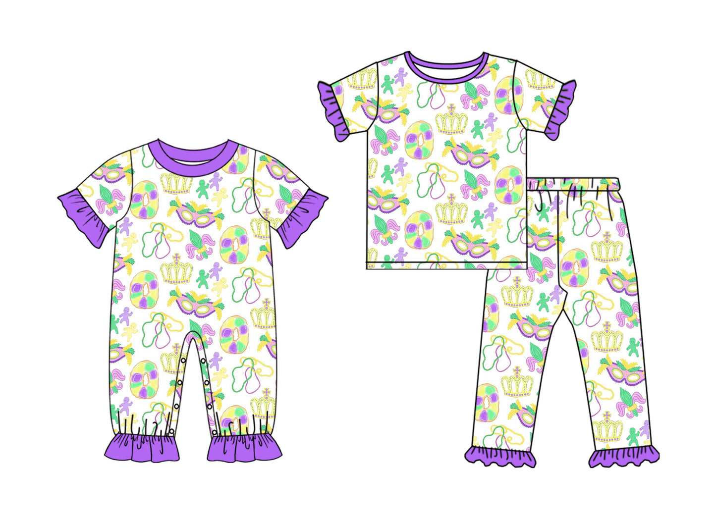 25.10.9 custom each style moq 8 eta 6-8week Sibling Sisters mardi gras baby girl clothes short sleeve pants sets and romper match family design