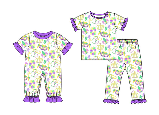 25.10.9 custom each style moq 8 eta 6-8week Sibling Sisters mardi gras baby girl clothes short sleeve pants sets and romper match family design