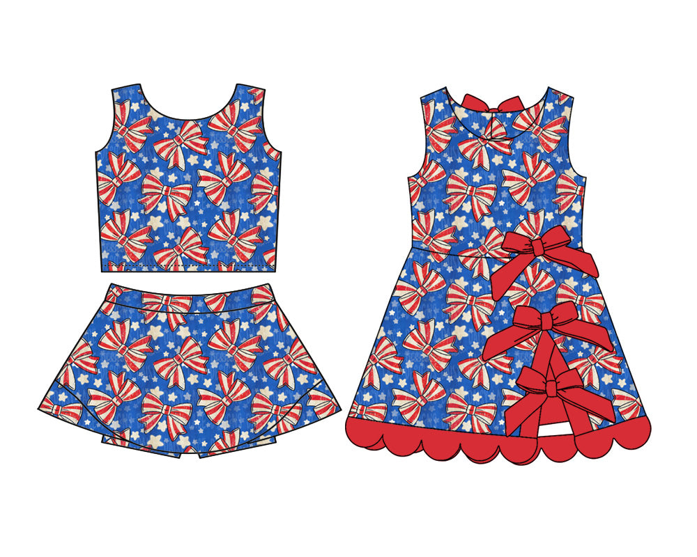 3.11 Custom moq 5 mix size Sibling Baby Girls Plaid 4th of July  Sleeveless Top And Skirt Sets Dress Yoga Outfit