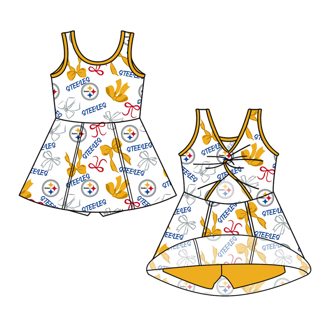 Custom moq 5 mix sizes summer teams baby girls clothes team yellow short sleeve skirts shorts sets 1 and skirts sets 2 and dress 1 and dress 2 and dress 3 and dress 4-25.6.5
