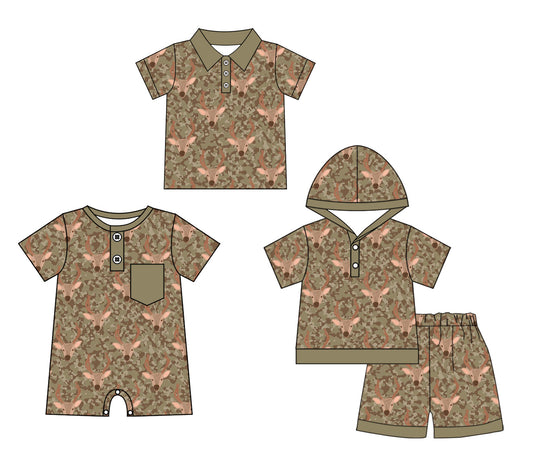 4.3 Custom moq 5 mix size Sibling Baby Boy's Camo Short-Sleeved Hooded Top Shorts Set Matching Short-Sleeved Polo Shirt Romper Outfit