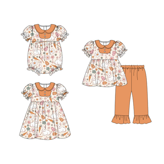 25.10.18 custom each style moq 5 eta 6-8week Sibling Sisters easter carrot baby girl short sleeve pants sets and dress and rompers match family design