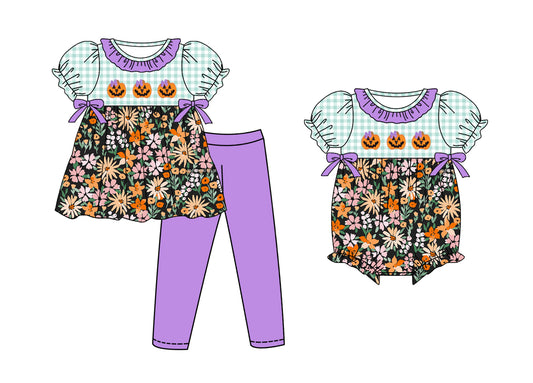 25.6.12 custom each style moq 5eta 4-6week Sibling Sister pumpkin floral baby girl short sleeve pants sets and rompers match family design