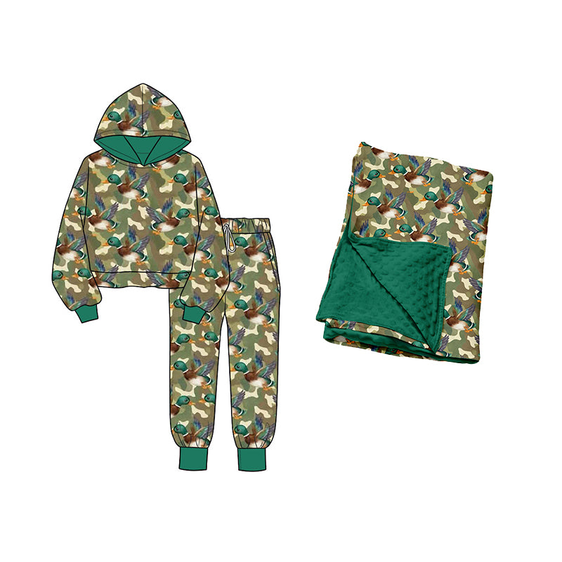 (Preorder new) No moq Baby Boys Hunting Green Camo Duck Print Drawstring Hoodie With Pocket Cuffed Jogger Pants Set Blankets