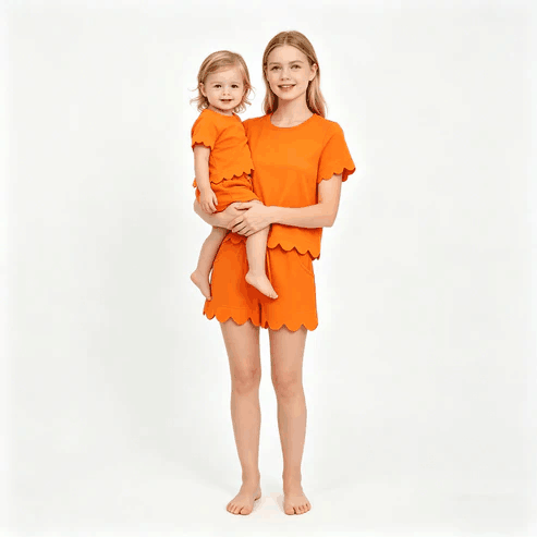 RTS NO MOQ Sibling Mom And Me Orange Short Sleeve Top With Pockets Scallop Shorts Sets