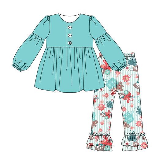 7.22 custom each style moq 5eta 4-6week Sibling Sister Christmas teal baby girls sets and dress and rompers match family design