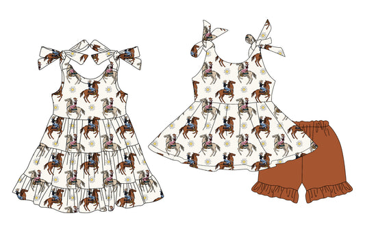 4.7 custom each style moq 5eta 4-6week Sibling Sister riding horse baby girl short sleeve shorts sets and dresses match design