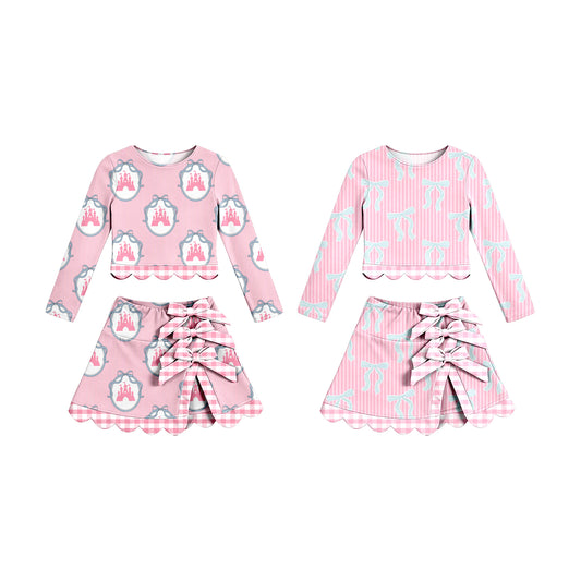 4.15 Custom moq 5 mix size Sibling Baby Girls Pink Long-Sleeved  Top Scallop Short Skirt Set