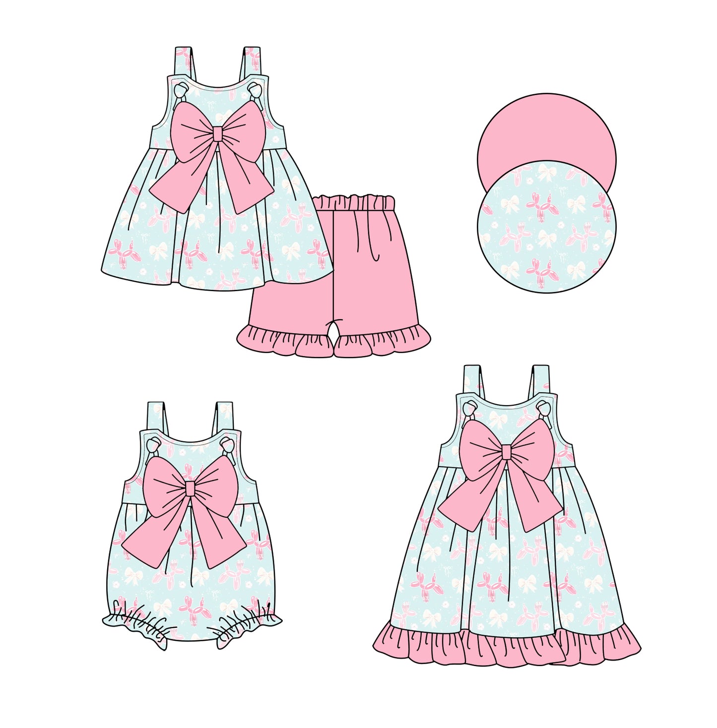 3.29 custom each style moq 5eta 4-6week Sibling Sisters bow baby girl short sleeve shorts sets and dress and rompers match family design