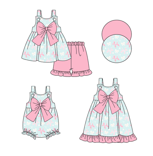 3.29 custom each style moq 5eta 4-6week Sibling Sisters bow baby girl short sleeve shorts sets and dress and rompers match family design