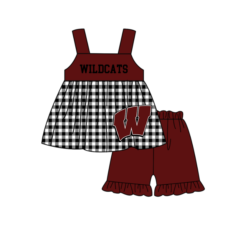 Custom moq 5 mix size milk silk summer teams baby girl boys clothes Dark Red Black and white checkered short sleeve shorts sets 3 and dress and rompers 2 series