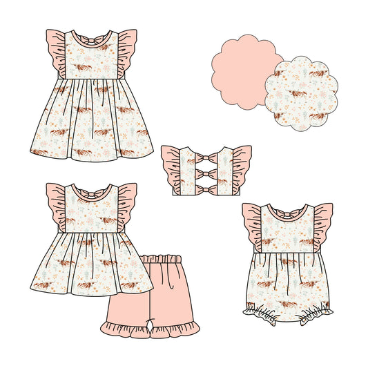 4.23 custom each style moq 5eta 4-6week Sibling Sisters floral baby girl short sleeve shorts sets and dress and rompers match family design