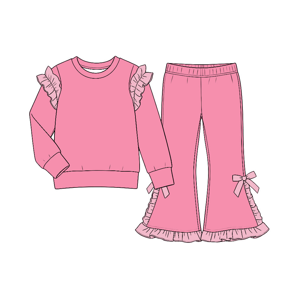 custom moq 5 mix size Baby Girls Pink Solid Ruffle Shoulder Sweatshirt And Ruffle Hem Bow Flare Pant Set