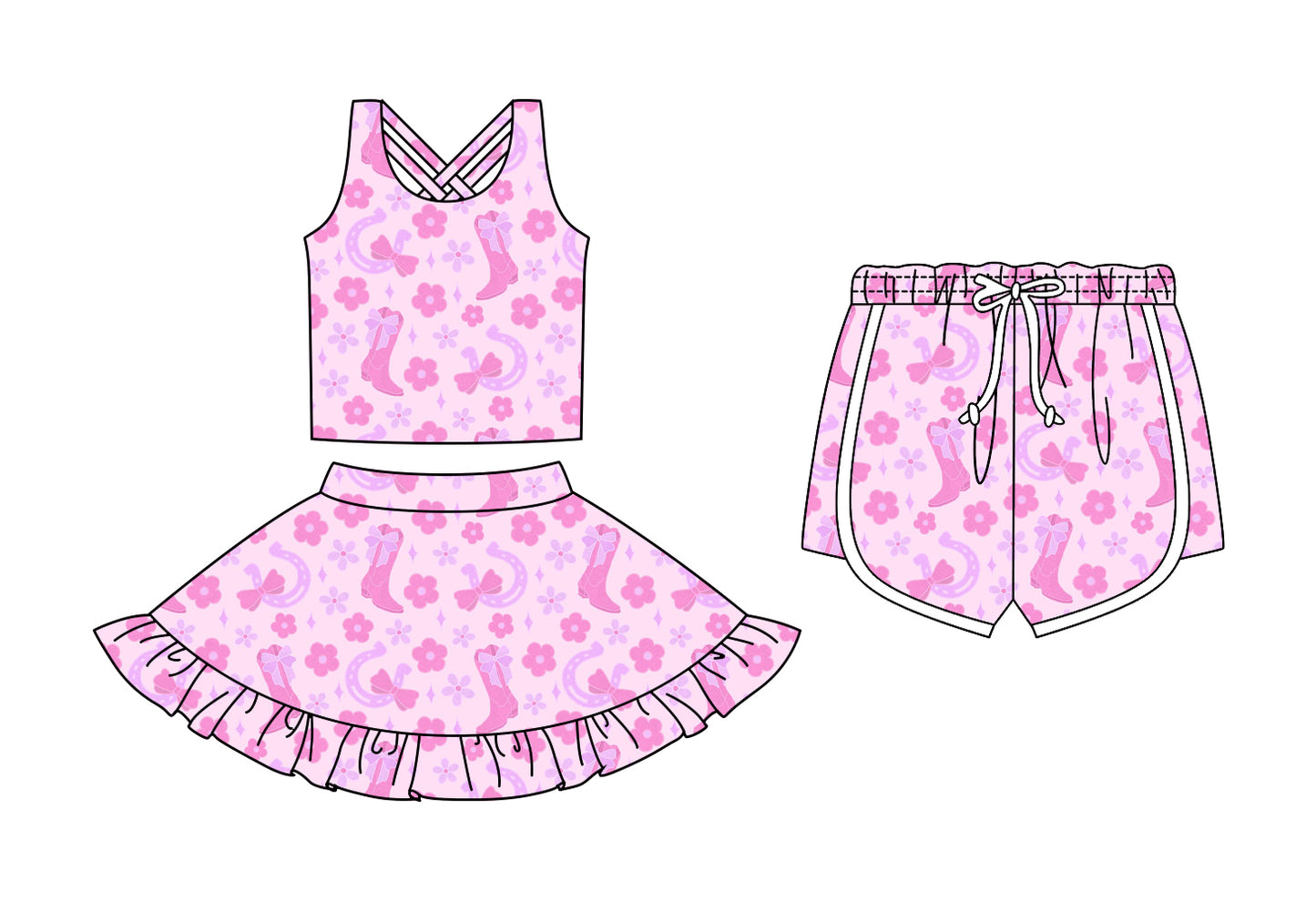 Custom moq 5 mix size Sibling Baby Girls Floral Print Pink Sleeveless Top And Skirt Set with Shorts Cute Toddler Outfit
