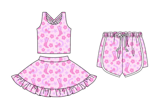Custom moq 5 mix size Sibling Baby Girls Floral Print Pink Sleeveless Top And Skirt Set with Shorts Cute Toddler Outfit