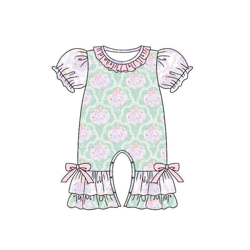 5.11custom each style moq 5eta 4-5week Sibling Sister pink flower pumpkin prints green girls set and baby romper and dress match family design