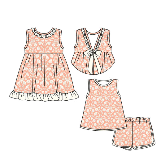 3.24 custom each style moq 5eta 4-6week Sibling Sister floral baby girl short sleeve shorts sets and dresses match design
