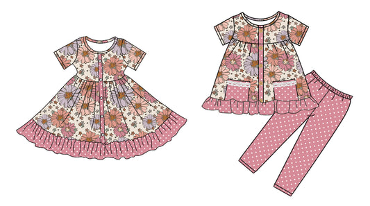 4.28 custom each style moq 5eta 4-6week Sibling Sister floral baby girl pants sets and dress match family design