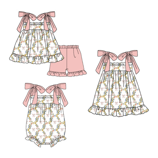 3.10 Custom moq 5 mix size Sibling Baby Girl's Floral Bow Sleeveless Top And Short Set Cute Romper Dress for Summer