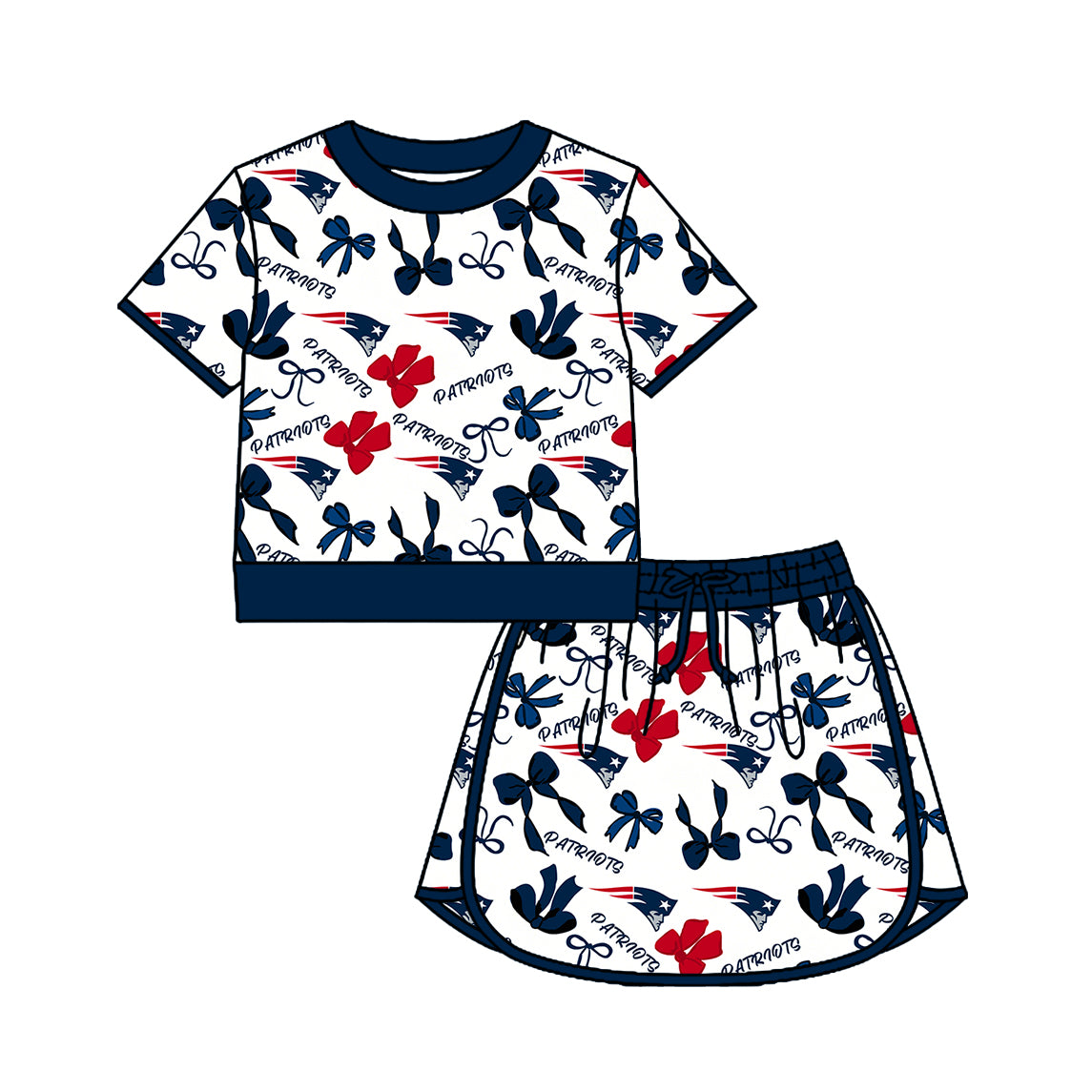 Custom moq 5 mix size summer teams Girls Polka Dot Top Shorts Set Bows Print Top Skirt Set Navy Blue Zipper Pullover Pants Set